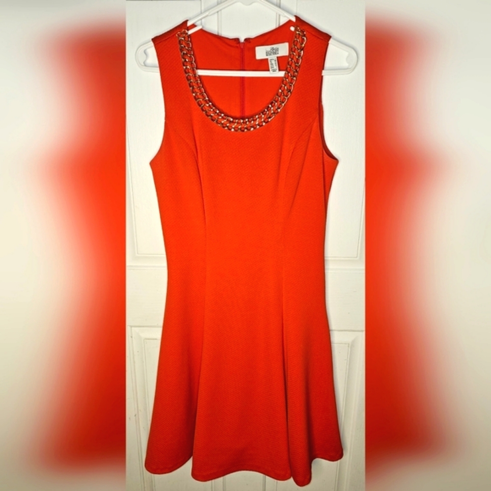 Badgley Mischka Belle Beautiful Bright Orange Flare dress w/ gold accents size 6
